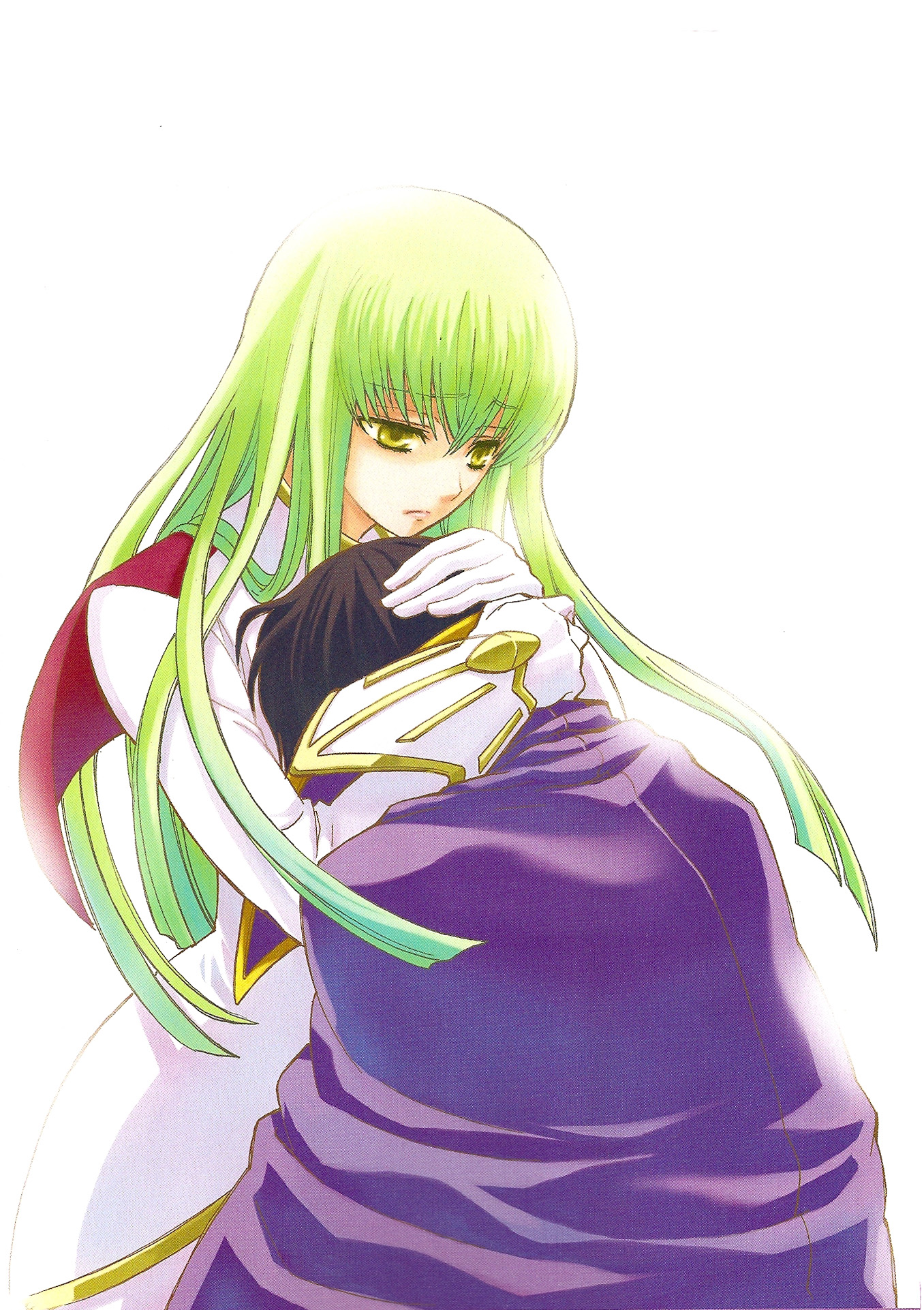 c.c., lelouch vi britannia, code geass, highres, 00s, cape, green hair, hug, long hair, yellow eyes