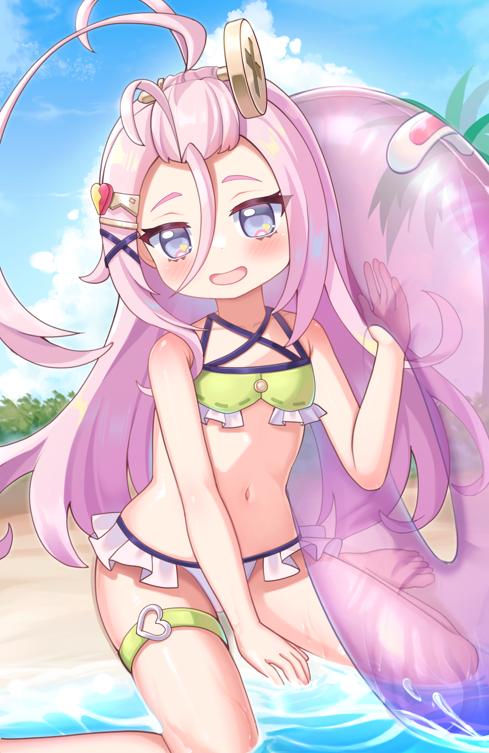 akimiya yamiku, aino (genshin impact), genshin impact, absurdres, commentary request, highres, partial commentary, revision, 1girl, antenna hair, bangs pinned back, bare arms, bare shoulders, barefoot, beach, bikini, blue eyes, blue sky, cloud, day, flat chest, frilled bikini, frills, green bikini, hair between eyes, hair ornament, hand up, innertube, long hair, looking at viewer, navel, o-ring, o-ring thigh strap, ocean, open mouth, outdoors, pink hair, purple innertube, screw hair ornament, sitting, sky, smile, solo, swim ring, swimsuit, thigh strap, toes, wariza, water, white bikini