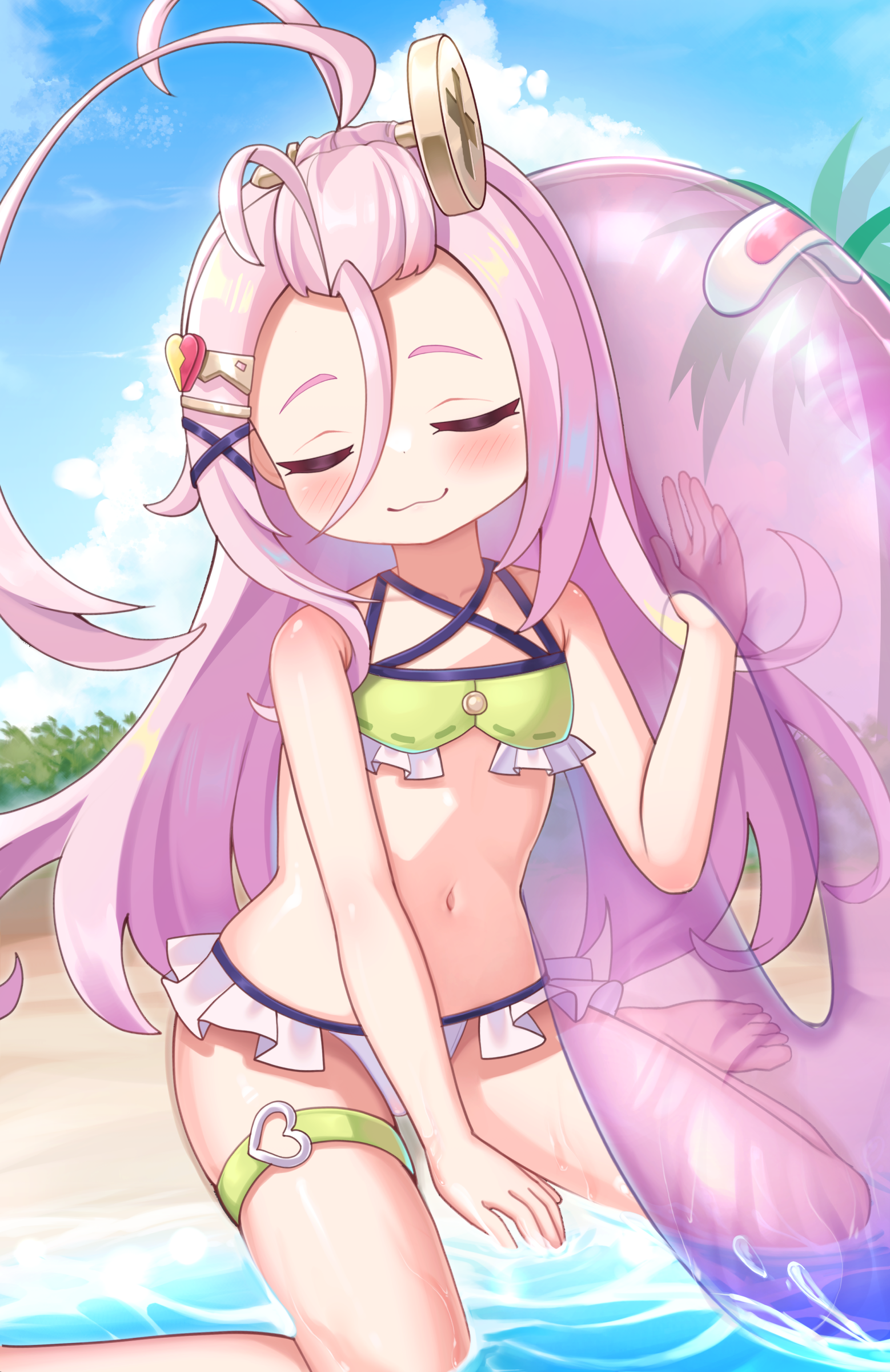 akimiya yamiku, aino (genshin impact), genshin impact, absurdres, commentary request, highres, partial commentary, revision, 1girl, :3, antenna hair, bangs pinned back, bare arms, bare shoulders, barefoot, beach, bikini, blue sky, closed eyes, closed mouth, cloud, day, facing viewer, flat chest, frilled bikini, frills, green bikini, hair between eyes, hair ornament, hand up, innertube, long hair, navel, o-ring, o-ring thigh strap, ocean, outdoors, pink hair, purple innertube, screw hair ornament, sitting, sky, smile, solo, swim ring, swimsuit, thigh strap, toes, wariza, water, white bikini