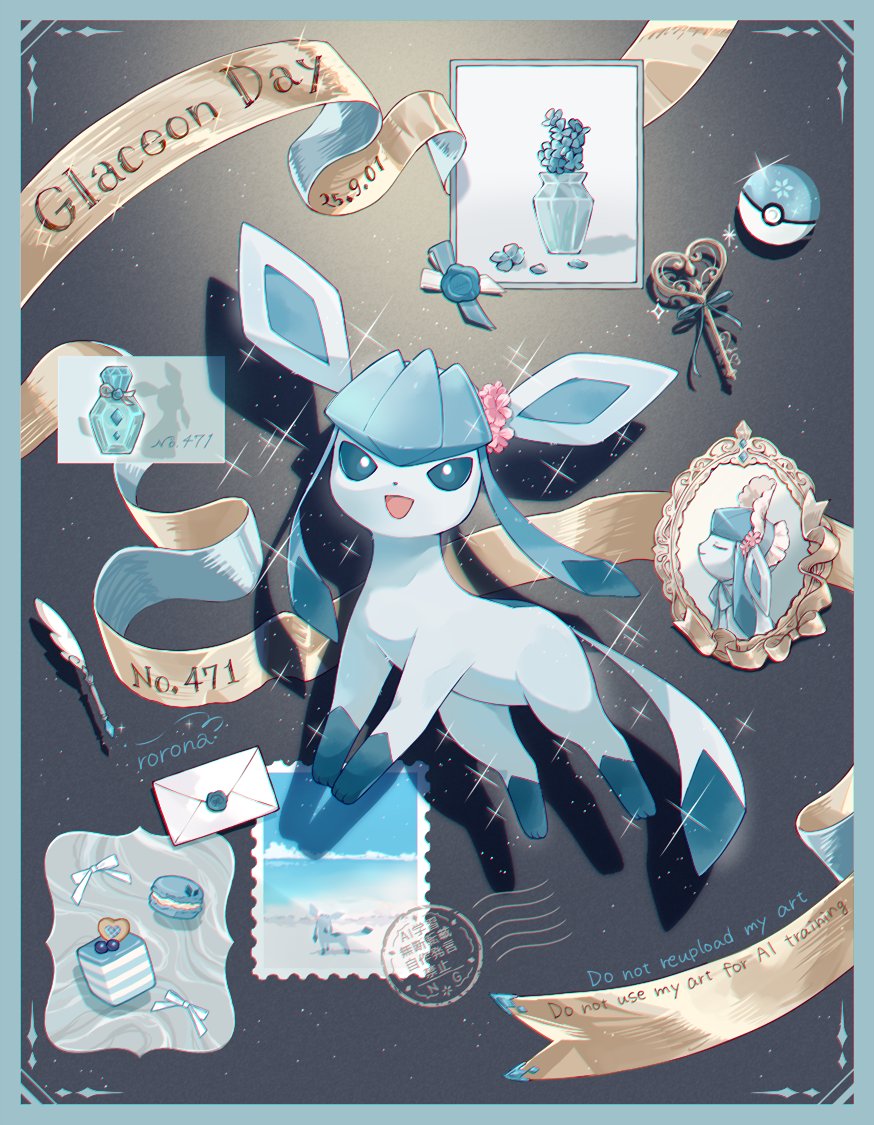 roronavoice, glaceon, nintendo, pokemon, commentary request, artist name, blue eyes, bonnet, bottle, bow, cake, dated, flower, food, gen 4 pokemon, key, letter, macaron, no humans, perfume bottle, picture frame, poke ball, pokedex number, pokemon (creature), pokemon focus, ribbon, shadow