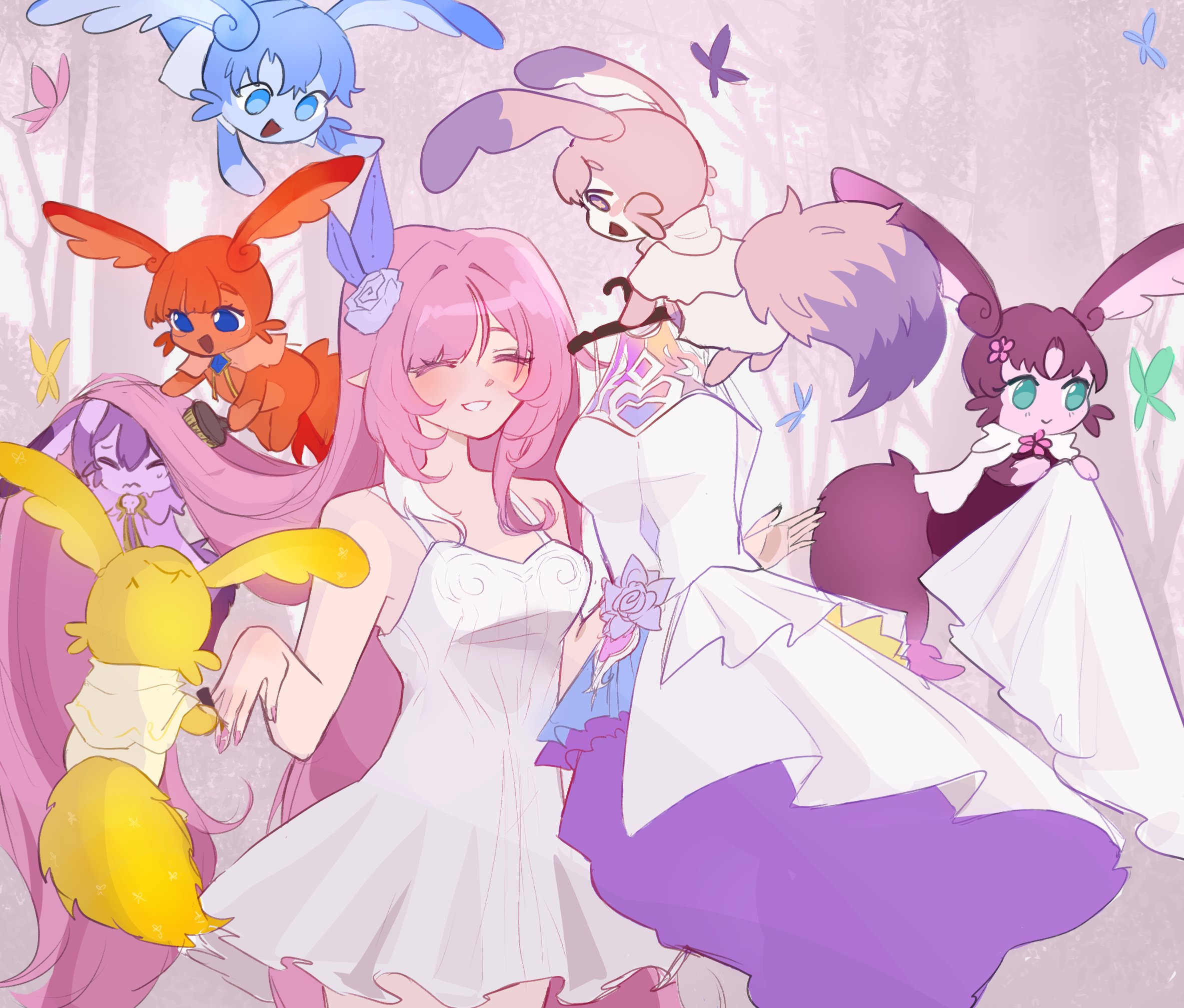 cyrene doodles, cyrene (honkai: star rail), mem (honkai: star rail), honkai: star rail, honkai (series), commentary, english commentary, highres, 1girl, bare shoulders, breasts, dress, flower, hair flower, hair ornament, holding, holding unworn clothes, holding unworn dress, long hair, medium breasts, multicolored hair, pink hair, pointy ears, smile, tail, two-tone hair, unworn dress, very long hair, white dress, white hair