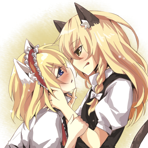 kiji (manekinuko-tei), alice margatroid, kirisame marisa, touhou, arm grab, lowres, 2girls, :q, animal ears, blonde hair, blue eyes, blush, bow, braid, capelet, cat ears, cat girl, cat tail, couple, eye contact, female focus, grabbing another's chin, hair bow, hairband, hand on another's chin, hug, imminent kiss, kemonomimi mode, licking lips, lolita hairband, long hair, looking at another, multiple girls, short hair, side braid, tail, tongue, tongue out, vest, white bow, yellow eyes, yuri