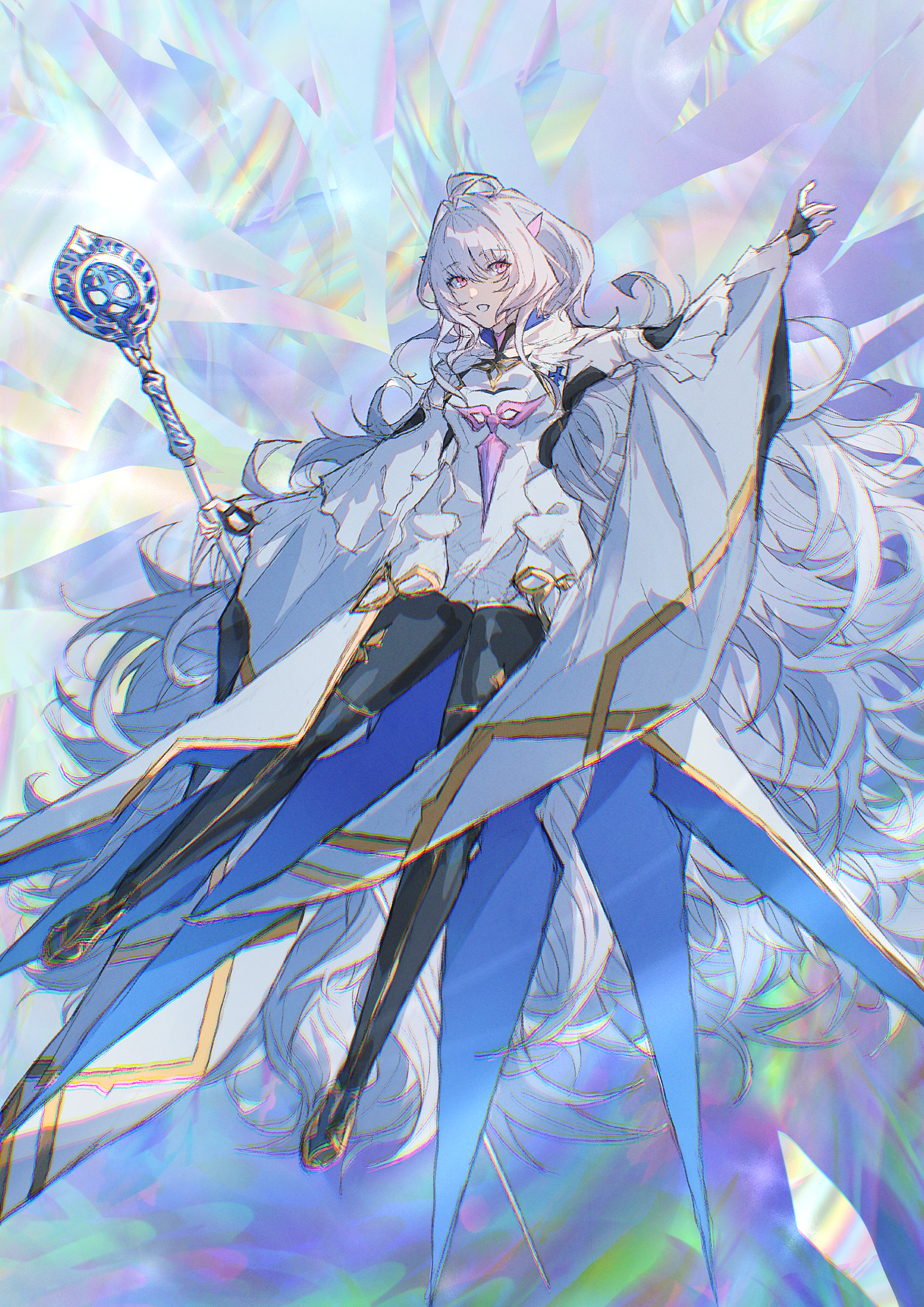 anohito (amaruno110), lady avalon (fate), lady avalon (first ascension) (fate), merlin (fate/prototype), fate/grand order, fate (series), absurdres, highres, 1girl, ahoge, black pantyhose, breasts, dress, holding, holding staff, long hair, long sleeves, medium breasts, pantyhose, pink eyes, smile, solo, staff, very long hair, white dress, white hair