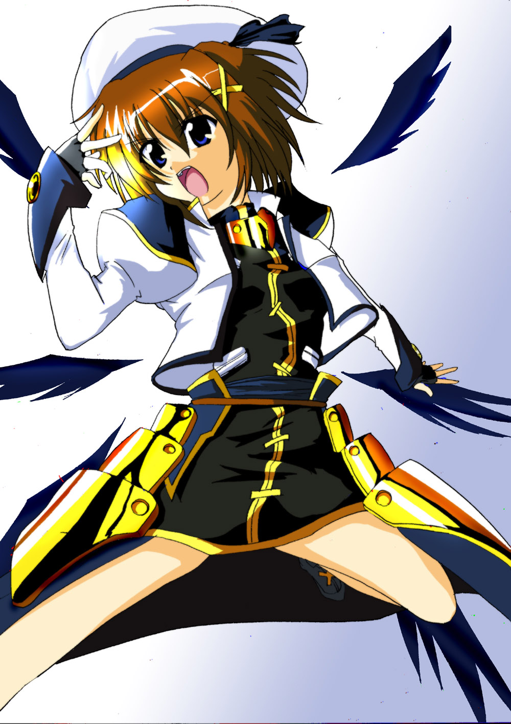 yagami hayate, lyrical nanoha, mahou shoujo lyrical nanoha, mahou shoujo lyrical nanoha a's, uniform, highres, 00s, 1girl, beret, black dress, black socks, brown eyes, brown hair, clenched hand, dress, feathers, female focus, hair ornament, hat, kneehighs, long sleeves, short hair, socks, solo, spread legs, thighhighs, thighs, x hair ornament, zettai ryouiki