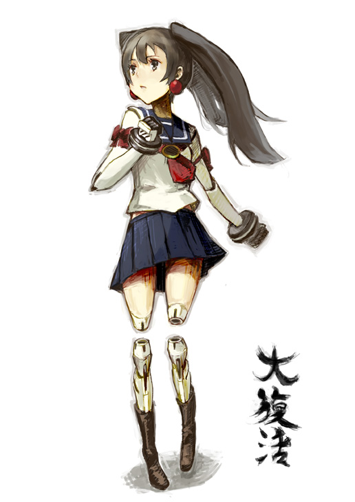 houru, a.i, a.i (dodonpachi), dodonpachi, dodonpachi daifukkatsu, 1girl, blue sailor collar, brown hair, cyborg, earrings, female focus, jewelry, long hair, pleated skirt, sailor collar, school uniform, serafuku, skirt, solo, twintails