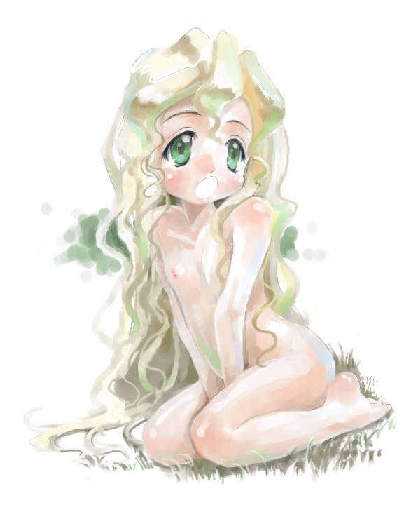 chikin, original, 1girl, blonde hair, female focus, green eyes, loli, long hair, nude, solo
