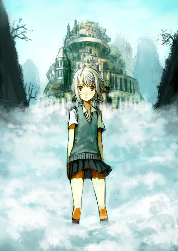 houru, silver hair, 1girl, city, fantasy, female focus, flat chest, fog, looking at viewer, outdoors, ruins, scenery, school uniform, serafuku, skirt, sky, solo, tree