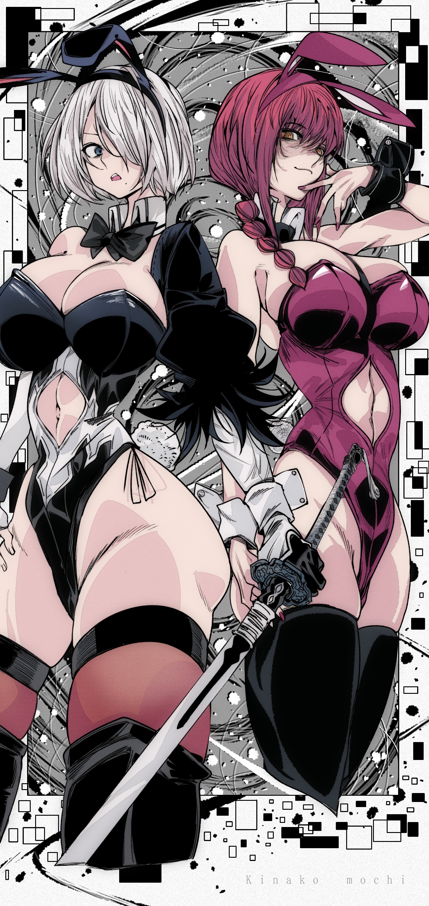 kinakomochi (user vedc2333), 2b (nier:automata), makima (chainsaw man), chainsaw man, nier:automata, nier (series), absurdres, commentary request, highres, 2girls, animal ears, black bow, black bowtie, black gloves, black leotard, black thighhighs, blue eyes, bow, bowtie, braid, braided ponytail, breasts, cleavage, closed mouth, clothing cutout, crossover, detached collar, fake animal ears, fake tail, fingernails, gloves, hair over one eye, highleg, highleg leotard, holding, holding sword, holding weapon, katana, large breasts, leotard, looking at another, looking at viewer, mole, mole under mouth, multiple girls, nail polish, navel cutout, open mouth, playboy bunny, rabbit ears, rabbit tail, red hair, red leotard, red nails, short hair, smile, sword, tail, thighhighs, weapon, white hair, yellow eyes