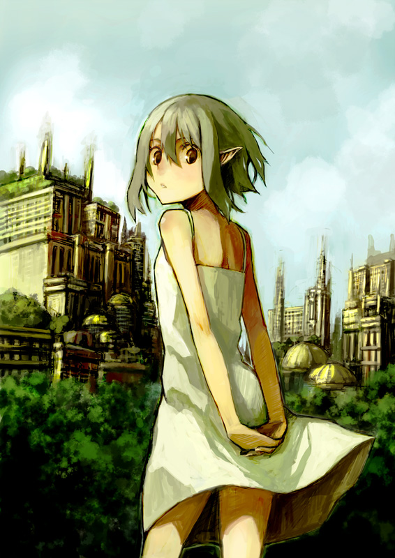 houru, original, cityscape, dress, fantasy, flat chest, green hair, pointy ears, scenery, solo