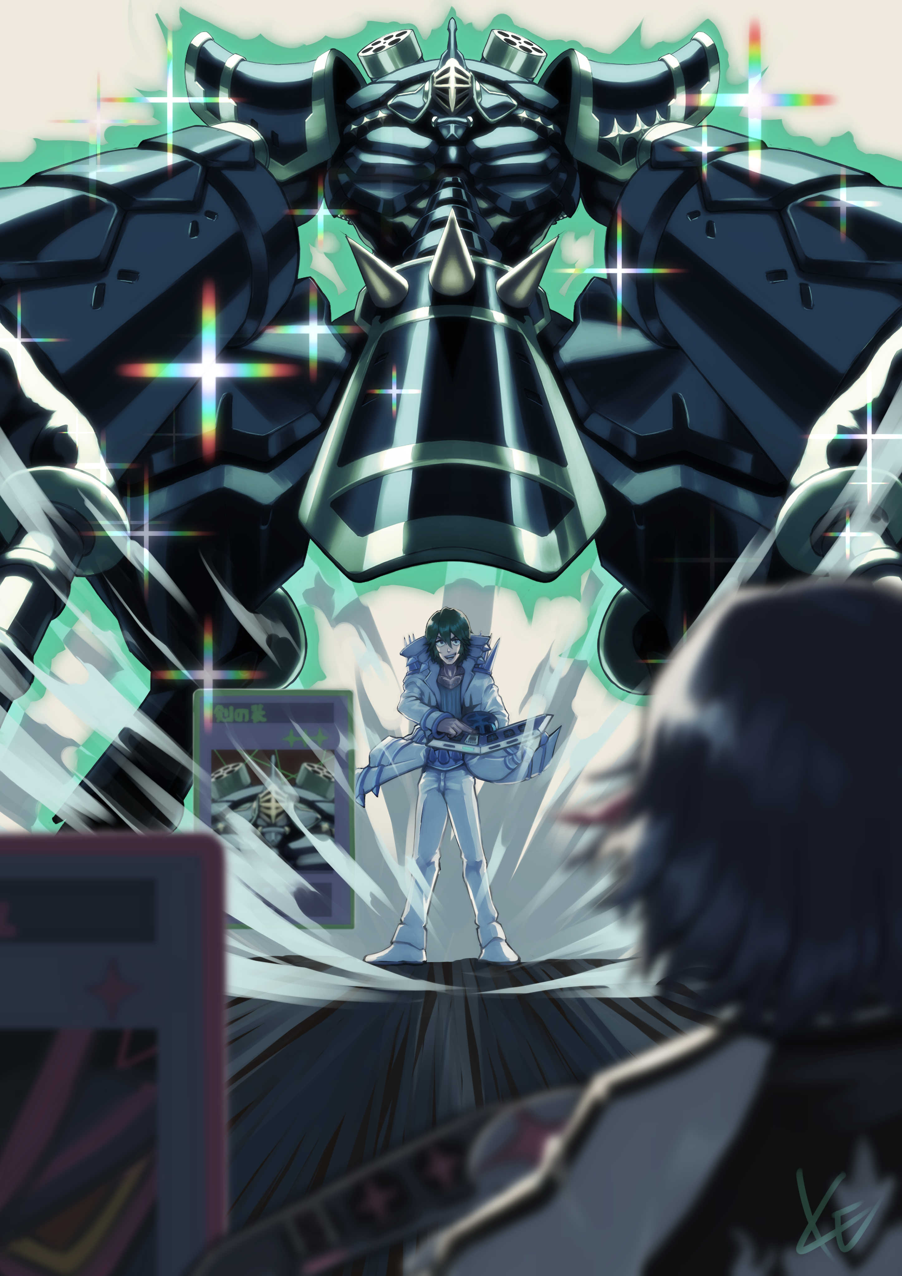 kenosousaku, matoi ryuuko, sanageyama uzu, kill la kill, yu-gi-oh!, absurdres, commentary, highres, 1boy, 1girl, blurry, blurry foreground, card, duel disk, green hair, multicolored hair, short hair, signature, streaked hair