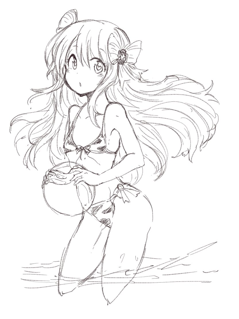 monyomoke, chaos marie (grimms notes), grimms notes, 1girl, animal print, bikini, cow print, cow print bikini, long hair, looking at viewer, monochrome, print bikini, sketch, solo, swimsuit