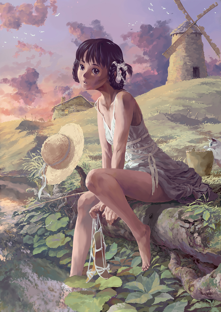 reise, diana barry, anne of green gables, nippon animation, original, world masterpiece theater, 1girl, barefoot, basket, bird, braid, braided hair rings, cat, chimney, cloud, dress, fantasy, female focus, fishing, hair rings, hat, holding, holding shoes, holding unworn clothes, house, legs, nature, plant, ribbon, scenery, shoes, sky, smoke, solo, straw hat, stream, sunset, twin braids, unworn shoes, windmill
