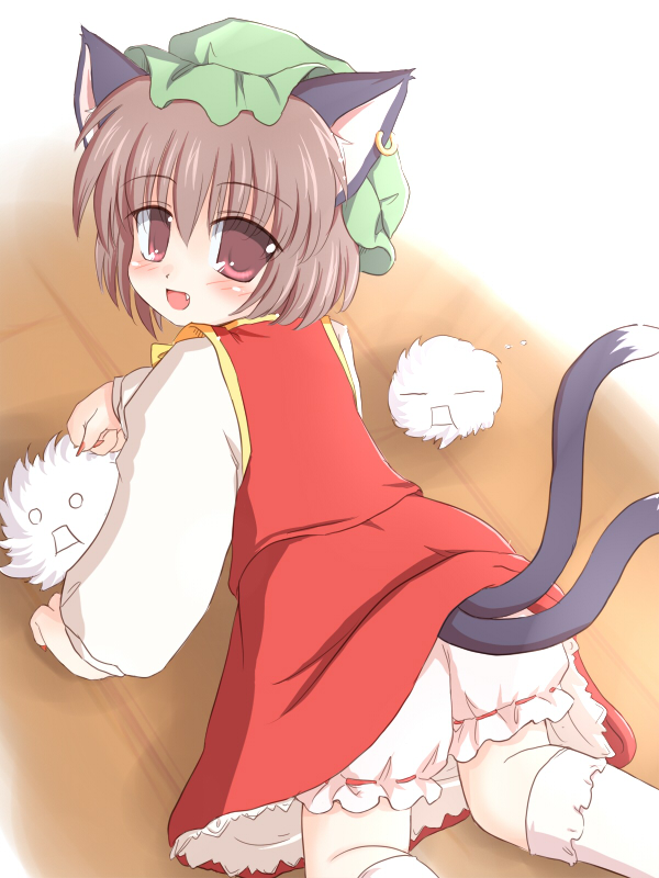 ry (yagoyago), chen, kedama (touhou), touhou, 1girl, animal ears, bloomers, brown hair, cat ears, cat girl, cat tail, earrings, female focus, hat, jewelry, multiple tails, short hair, skirt, solo, tail, underwear, white bloomers