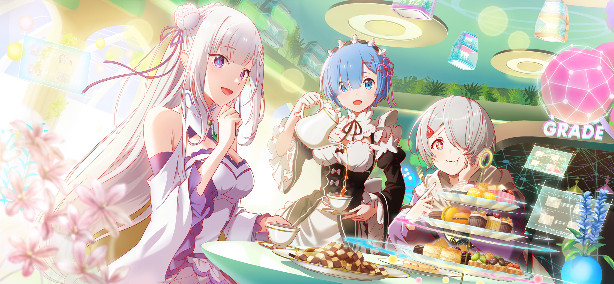 andersen (alice fiction), emilia (re:zero), rem (re:zero), alice fiction, re:zero kara hajimeru isekai seikatsu, game cg, highres, non-web source, official art, 3girls, bare shoulders, blue eyes, blue hair, blue pupils, braid, breasts, cleavage, cookie, crossover, crown braid, cup, detached sleeves, dress, elf, flower, food, frills, gem, green gemstone, hair flower, hair ornament, hair over one eye, hair ribbon, holding, holding cup, indoors, long hair, long sleeves, looking at viewer, maid, maid headdress, medium breasts, multiple girls, one eye covered, open mouth, pink ribbon, pointy ears, purple eyes, purple ribbon, ribbon, ribbon-trimmed clothes, ribbon trim, rose, roswaal mansion maid uniform, short hair, sitting, skirt, smile, tea, white flower, white hair, white rose, x hair ornament