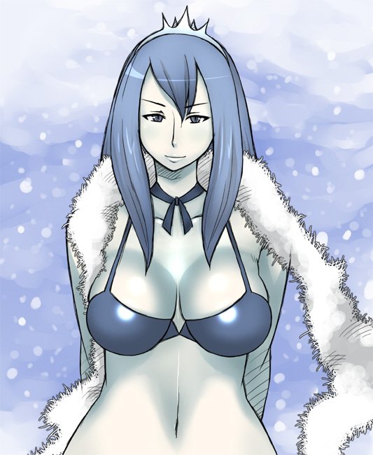 enoshima iki, shiva (final fantasy), final fantasy, final fantasy xii, 1girl, breasts, cleavage, colored skin, female focus, hair between eyes, large breasts, smile, snowing, solo, white skin