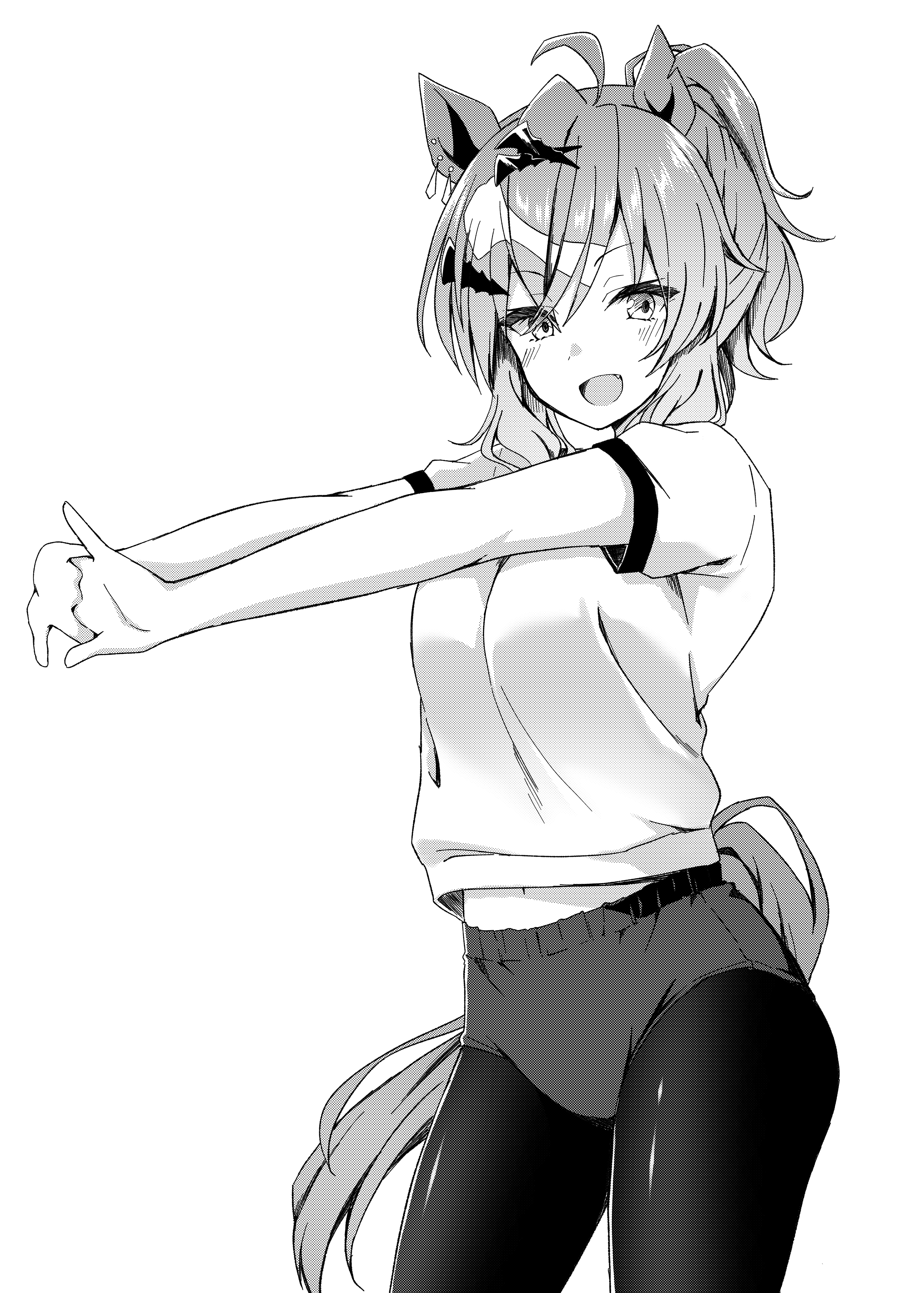 ryochapu, jungle pocket (umamusume), umamusume, absurdres, highres, 1girl, animal ears, blush, buruma, fang, greyscale, hair between eyes, horse ears, horse girl, horse tail, interlocked fingers, looking at viewer, monochrome, open mouth, pantyhose, ponytail, shirt, short sleeves, sidelocks, solo, stretching, t-shirt, tail