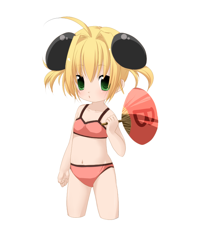 kosumo, piyoko, di gi charat, 1girl, ahoge, bikini, blonde hair, child, female focus, flat chest, green eyes, hand fan, navel, paper fan, pink bikini, simple background, solo, swimsuit, tankini, uchiwa