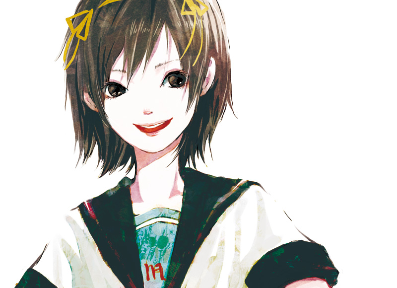 chakoro, suzumiya haruhi, suzumiya haruhi no yuuutsu, bad id, bad pixiv id, 00s, 1girl, female focus, simple background, smile, solo, white background