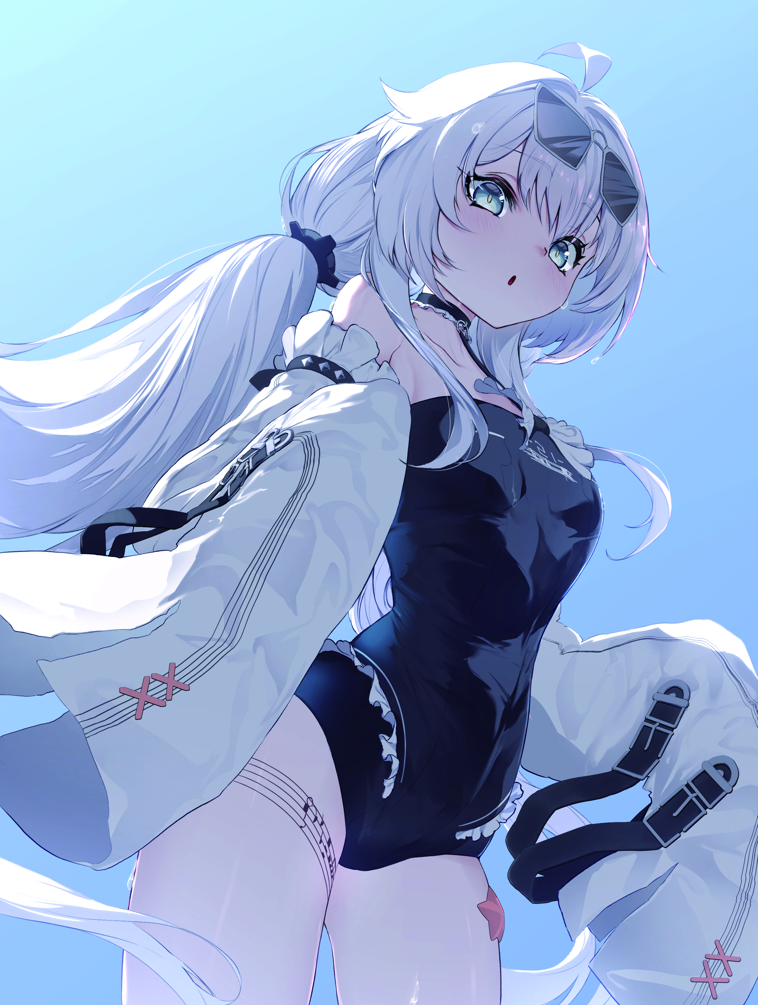 takashi san, no. 21: xxi (pgr), no. 21: xxi (solar frost) (pgr), no. 21 (pgr), punishing: gray raven, absurdres, highres, 1girl, :o, ahoge, blue background, breasts, choker, cowboy shot, detached sleeves, eyewear on head, frills, grey eyes, leg tattoo, musical note, musical staff, one-piece swimsuit, sleeve belt, sleeves past fingers, sleeves past wrists, small breasts, solo, starfish, swimsuit, tattoo, white hair