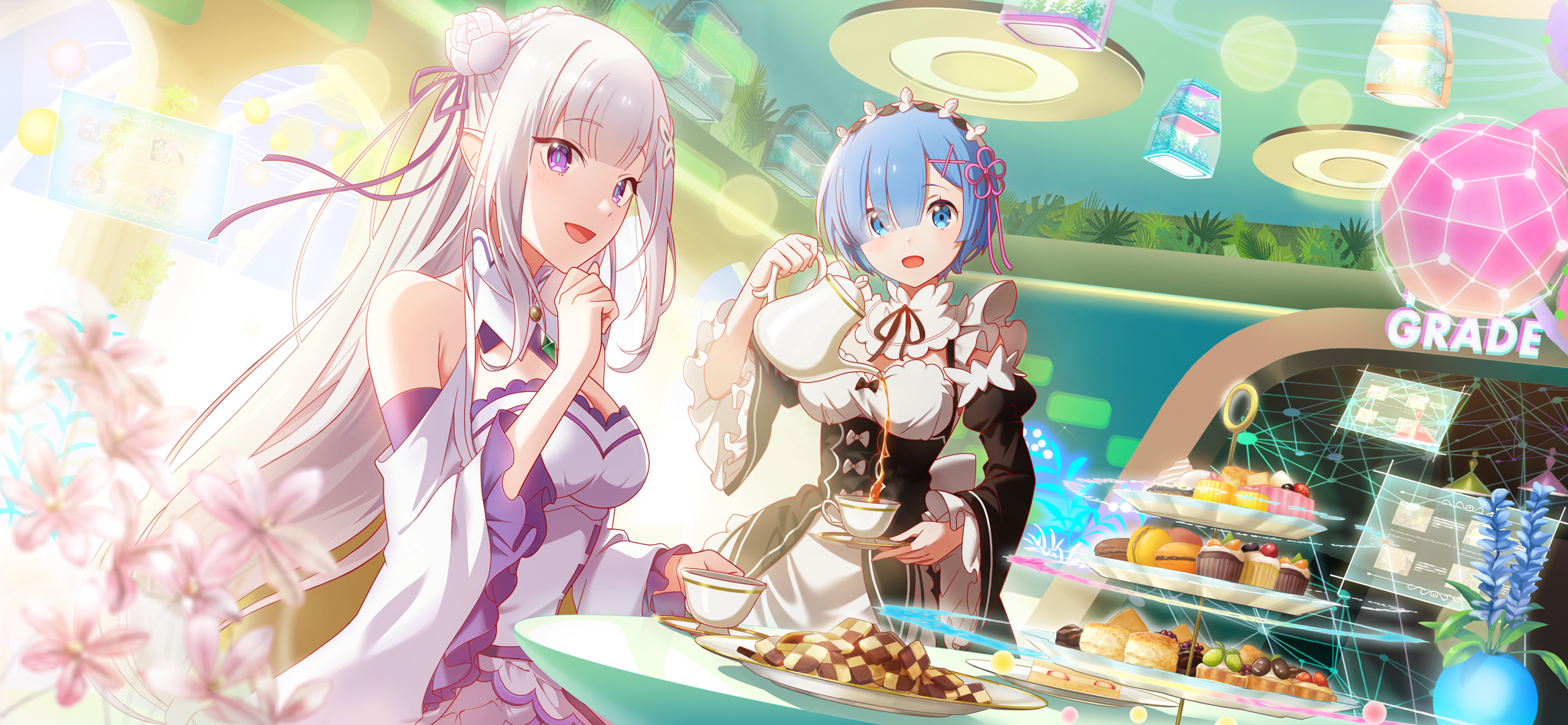 emilia (re:zero), rem (re:zero), alice fiction, re:zero kara hajimeru isekai seikatsu, game cg, highres, non-web source, official art, 3girls, bare shoulders, blue eyes, blue hair, blue pupils, braid, breasts, cleavage, cookie, crossover, crown braid, cup, detached sleeves, dress, elf, flower, food, frills, gem, green gemstone, hair flower, hair ornament, hair over one eye, hair ribbon, holding, holding cup, indoors, long hair, looking at viewer, maid, maid headdress, medium breasts, multiple girls, open mouth, pink ribbon, pointy ears, purple eyes, purple ribbon, ribbon, ribbon-trimmed clothes, ribbon trim, rose, roswaal mansion maid uniform, short hair, smile, tea, white flower, white hair, white rose, x hair ornament