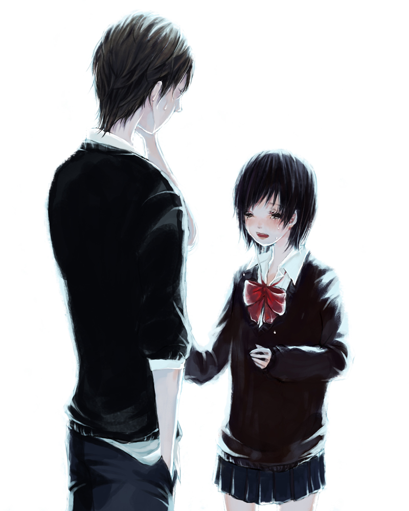 chakoro, bad id, bad pixiv id, 1boy, 1girl, school uniform, serafuku, sweatdrop, tears
