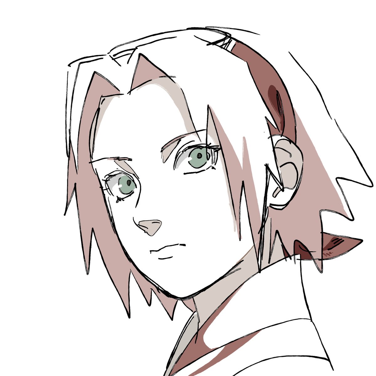 pnpk 1013, haruno sakura, naruto (series), naruto shippuuden, commentary request, highres, 1girl, closed mouth, eyelashes, green eyes, hairband, looking at viewer, pink hair, red hairband, short hair, sketch, solo, upper body, white background