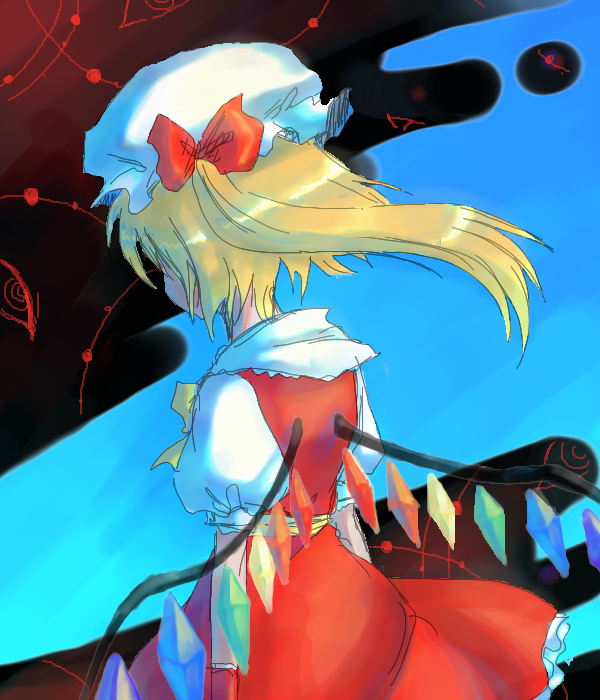 onimaru gonpei, flandre scarlet, touhou, 1girl, blonde hair, blouse, blue background, female focus, hat, mob cap, ribbon, shirt, solo, standing, white hat, white shirt, wings