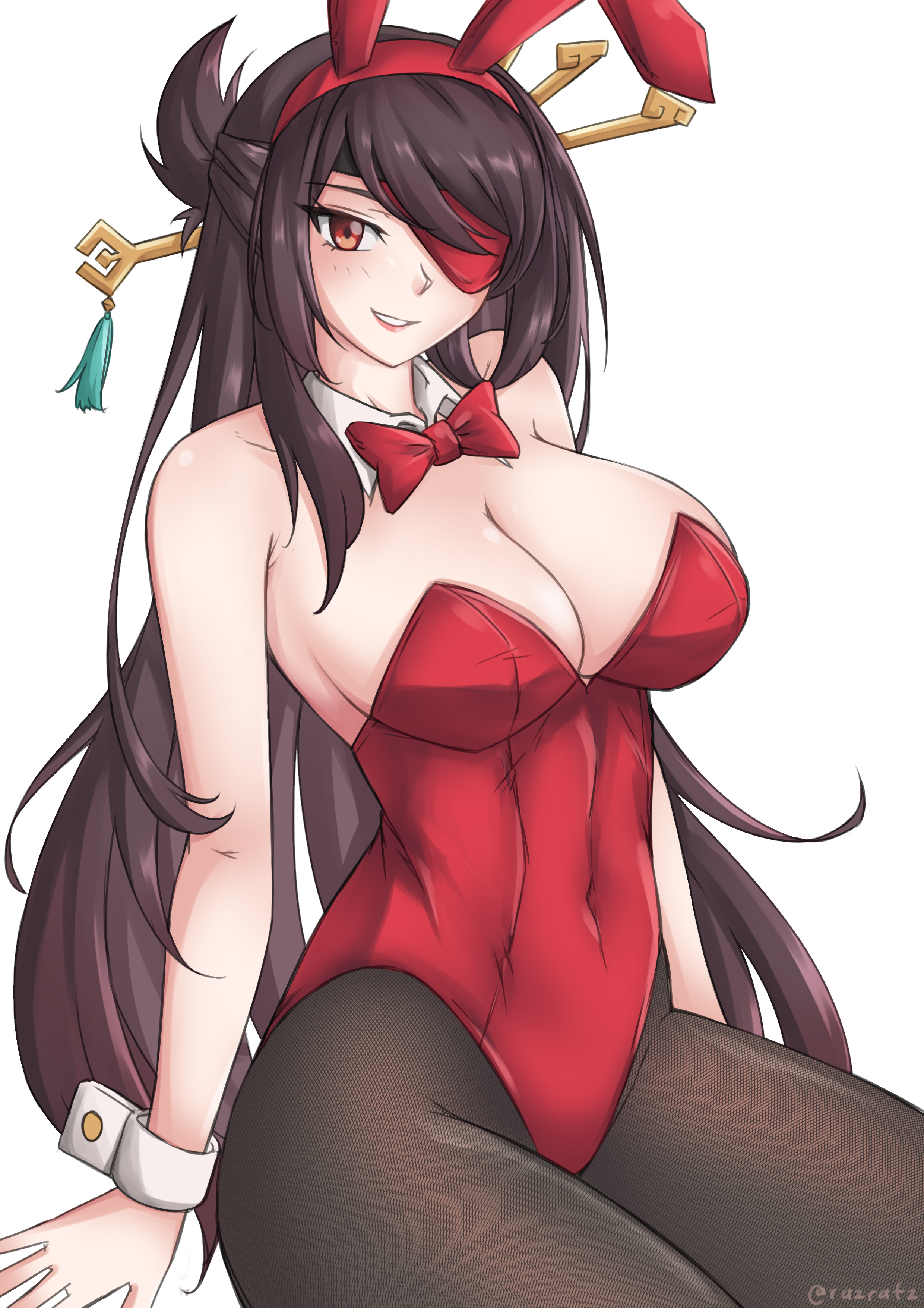 razrafz, beidou (genshin impact), genshin impact, absurdres, commentary, english commentary, highres, 1girl, animal ears, bare shoulders, bow, bowtie, breasts, brown hair, cleavage, colored eyepatch, covered navel, detached collar, eyepatch, fake animal ears, grin, hair ornament, hair stick, half updo, invisible chair, large breasts, leotard, long hair, looking at viewer, orange eyes, pantyhose, playboy bunny, rabbit ears, red bow, red bowtie, red leotard, simple background, sitting, smile, solo, white background, wrist cuffs