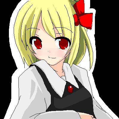 rumia, embodiment of scarlet devil, touhou, lowres, 1girl, black background, blonde hair, blush, female focus, red eyes, ribbon, smile, solo, upper body