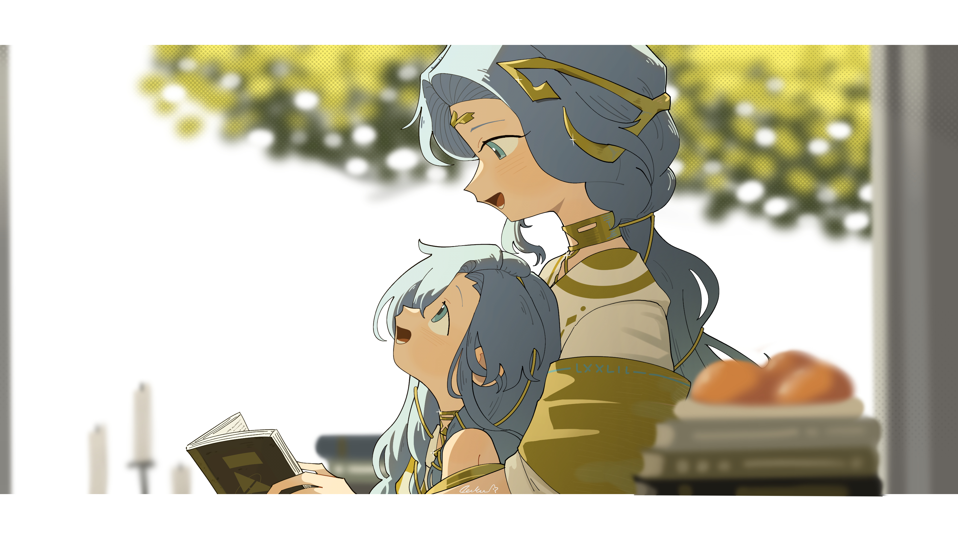daku k, 37 (reverse:1999), 77 (reverse:1999), reverse:1999, absurdres, highres, 2girls, :d, aged down, ancient greek clothes, bare shoulders, behind another, blue eyes, blue hair, blurry, blurry background, book, book stack, candle, food, from side, fruit, gold choker, greco-roman clothes, holding, holding book, long hair, looking up, low ponytail, mother and daughter, multiple girls, open mouth, ponytail, profile, smile, toga, tree, very long hair, white background