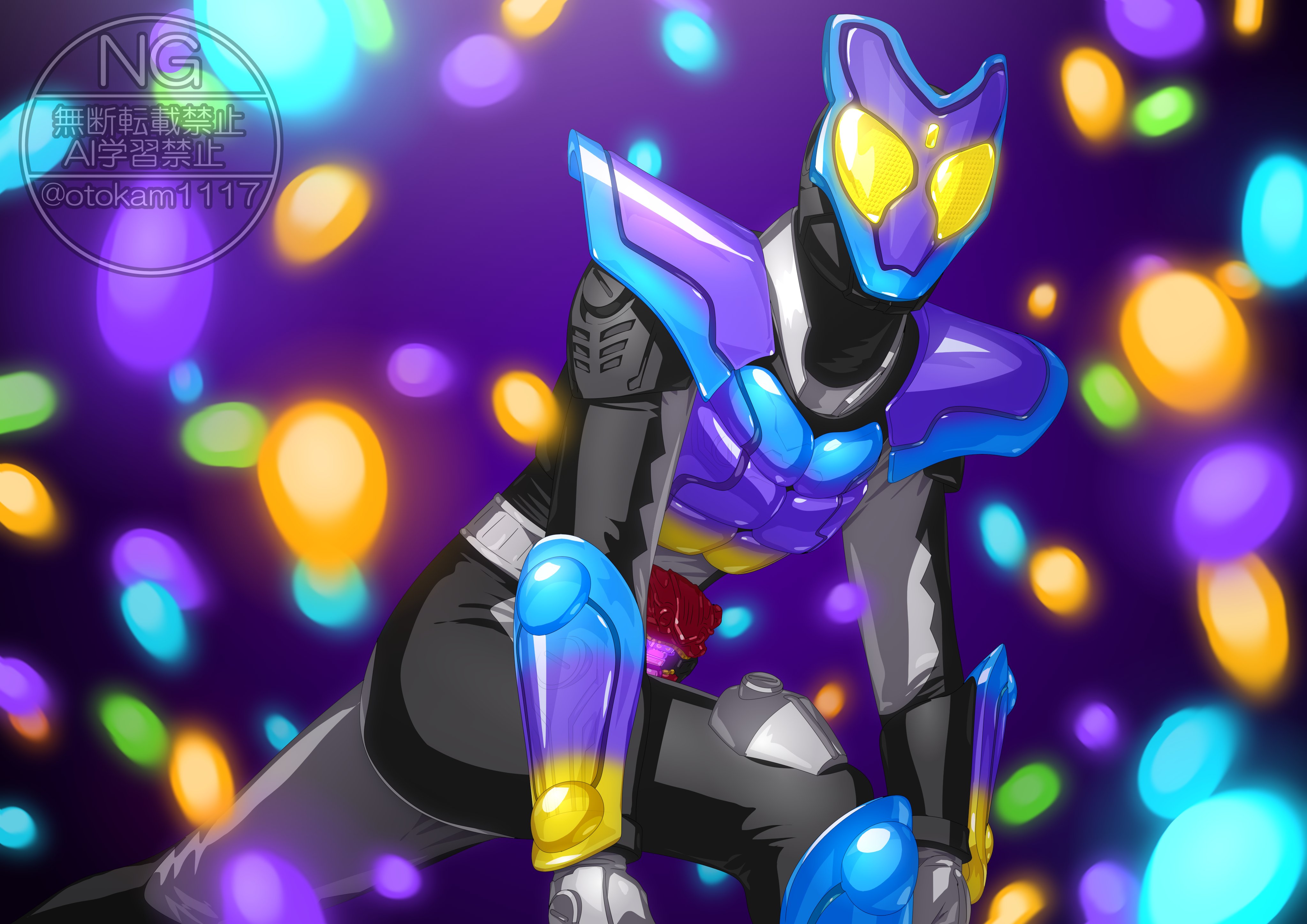 otokamu, kamen rider gavv, kamen rider gavv (poppingummy form), kamen rider, kamen rider gavv (series), absurdres, highres, 1boy, armor, bodysuit, candy, compound eyes, food, gochizo, grey bodysuit, henshin belt gavv, jelly bean, purple armor, rider belt, solo, tokusatsu, yellow eyes