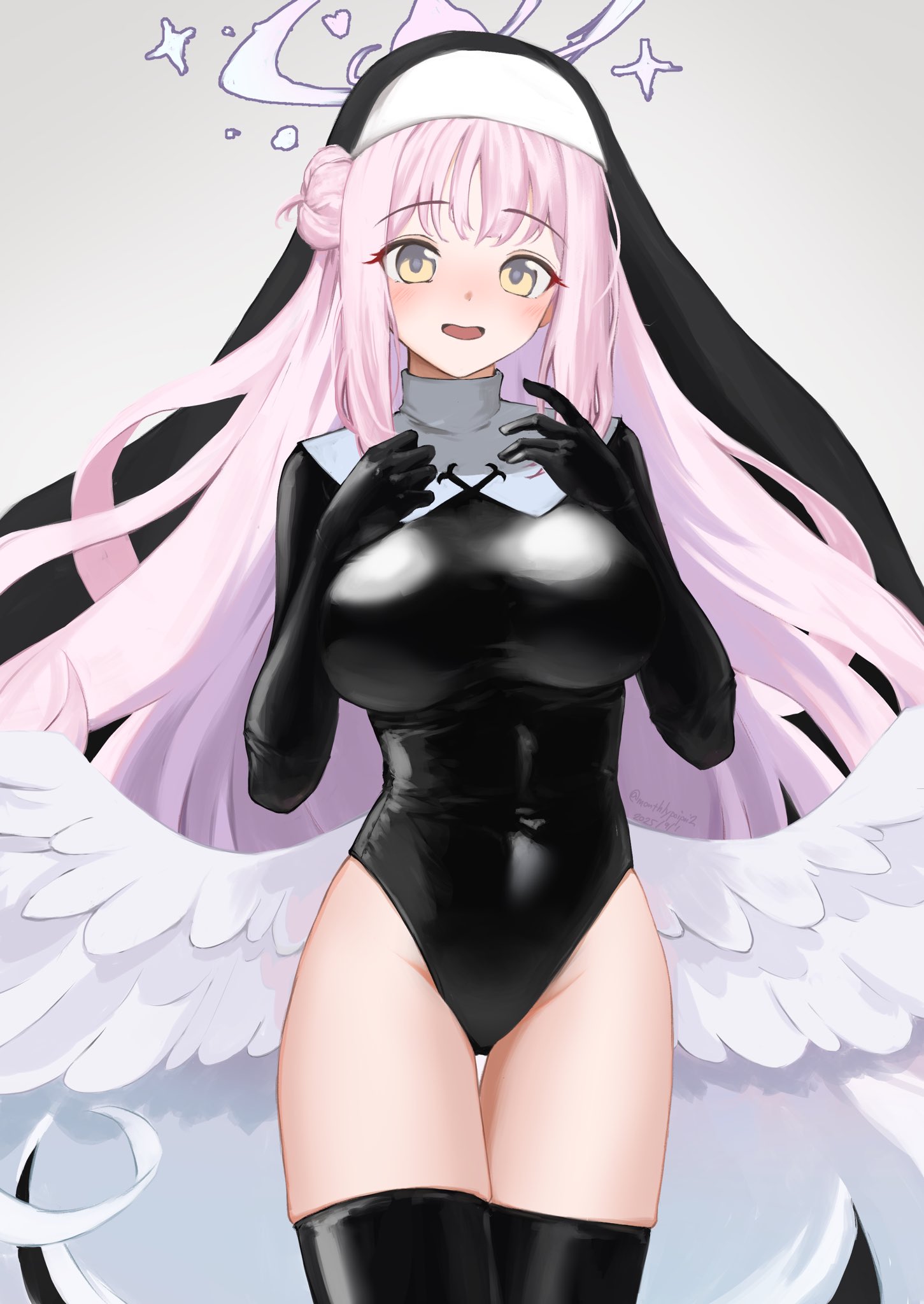 umibudou, mika (blue archive), sisterhood member (blue archive), blue archive, commentary request, highres, 1girl, black leotard, black thighhighs, black veil, blush, breasts, cosplay, feathered wings, gloved sleeves, hair bun, halo, large breasts, latex, latex leotard, latex thighhighs, leotard, long hair, looking at viewer, low wings, open mouth, pink hair, pink halo, simple background, single hair bun, single side bun, sisterhood member (blue archive) (cosplay), smile, solo, thighhighs, thighs, veil, white wings, wings, yellow eyes