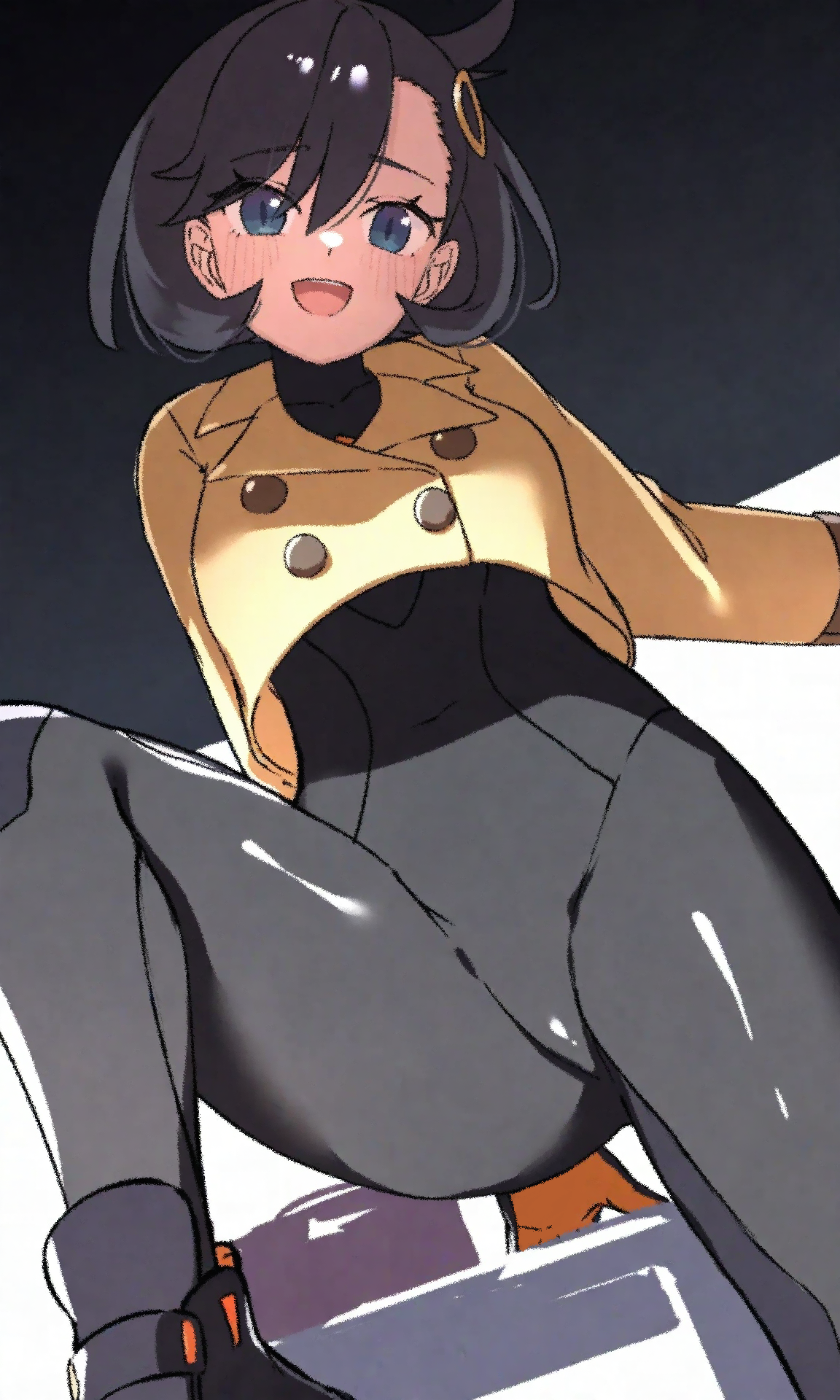 emma (pokemon), nintendo, pokemon, pokemon legends: z-a, highres, 1girl, black bodysuit, black hair, blue eyes, blush, bodysuit, brown jacket, covered navel, jacket, leg up, looking at viewer, short hair, spynai (klimatic)