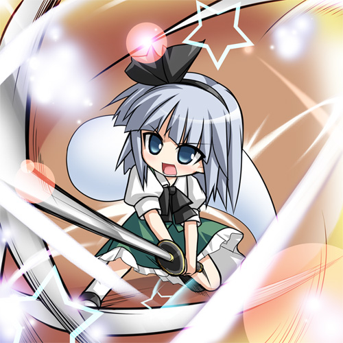katami shinta, konpaku youmu, konpaku youmu (ghost), touhou, lowres, 1girl, blue eyes, chibi, female focus, hitodama, katana, solo, sword, weapon, white hair