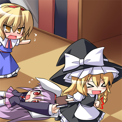 katami shinta, alice margatroid, kirisame marisa, reisen udongein inaba, touhou, lowres, > <, 3girls, animal ears, blonde hair, book, chibi, closed eyes, female focus, hat, indoors, multiple girls, purple hair, rabbit ears, skirt, witch, witch hat
