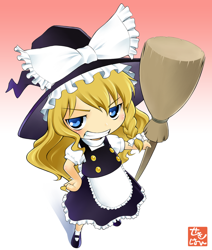 sekihan, kirisame marisa, touhou, bad id, bad pixiv id, 1girl, blonde hair, blue eyes, braid, broom, chibi, female focus, full body, gradient background, grin, hat, skirt, smile, solo, white background, witch, witch hat