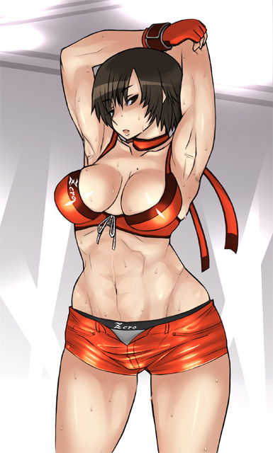 enoshima iki, hinomoto reiko, rumble roses, 1girl, abs, armpits, biceps, black eyes, black hair, breasts, cleavage, female focus, fingerless gloves, gloves, large breasts, mole, mole on breast, muscular, open fly, short hair, solo, sweat, toned, toned female, unzipped