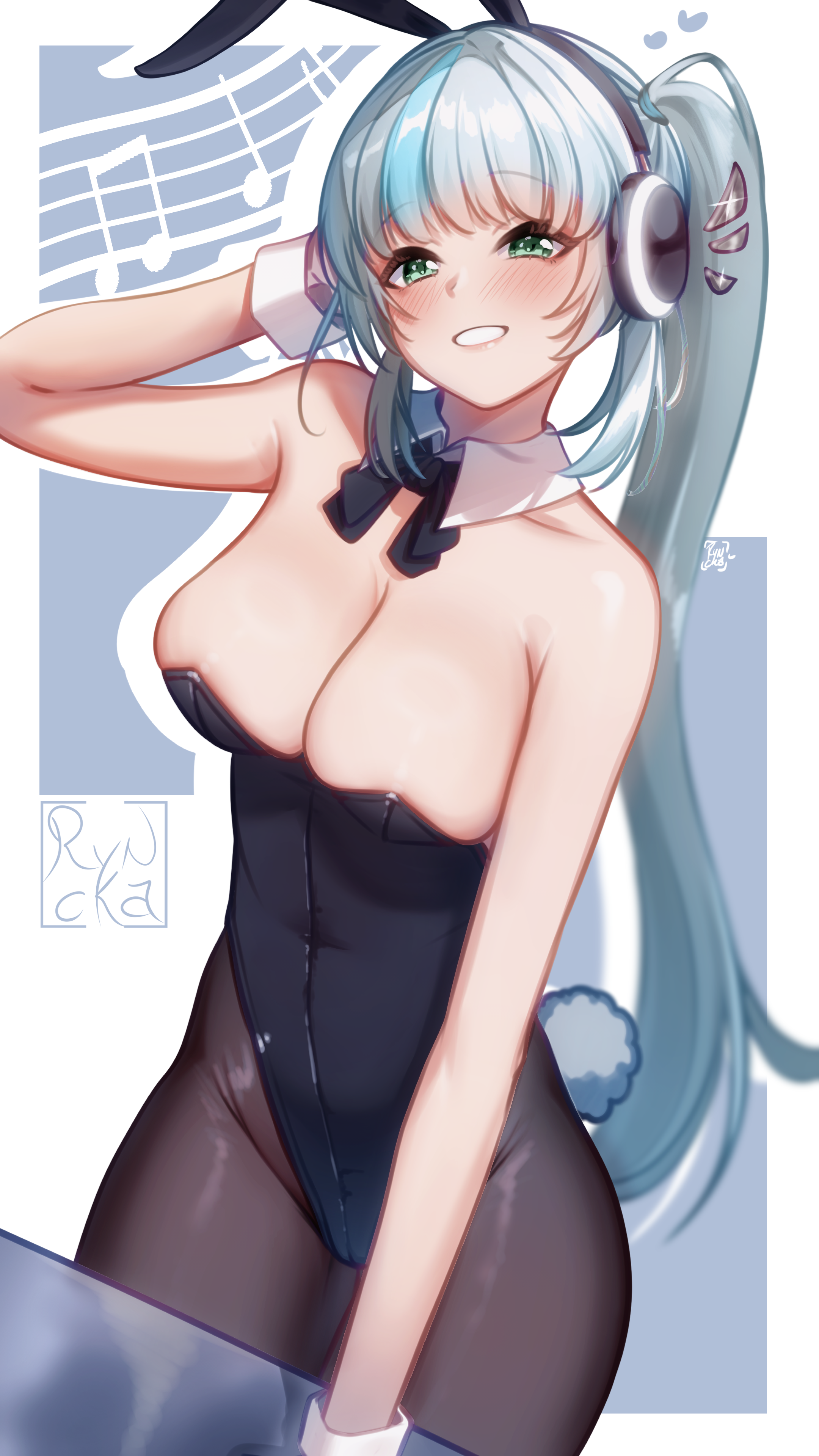 ryncka, kamishiro rita, prism project, 1girl, animal ears, arm behind head, arm up, artist name, bare shoulders, black leotard, black pantyhose, black ribbon, blue background, blue hair, blush, breasts, cleavage, collar, cowboy shot, detached collar, fake animal ears, fake tail, female focus, from above, gloves, green eyes, grin, large breasts, leotard, long hair, looking at viewer, looking up, neck ribbon, pantyhose, playboy bunny, ponytail, rabbit ears, rabbit tail, ribbon, simple background, smile, solo, standing, tail, teeth, two-tone background, virtual youtuber, white background, white collar, white gloves