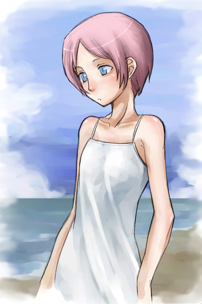 enoshima iki, original, 1girl, beach, blue eyes, blush, camisole, day, female focus, flat chest, ocean, outdoors, pink hair, short hair, sky, solo