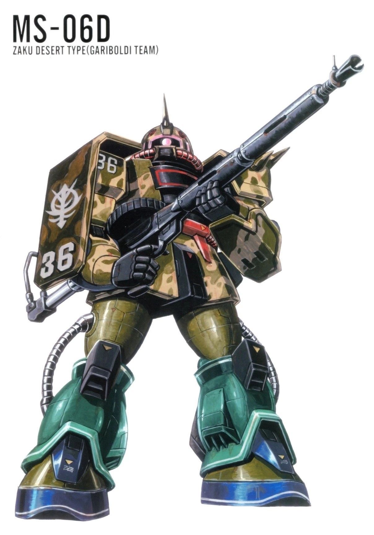 ookawara kunio, zaku desert type, zaku ii, gundam, gundam msv, 1980s (style), highres, magazine scan, official art, painting (medium), scan, traditional media, cable, camouflage, character name, gun, machine gun, machinery, mecha, mecha focus, mobile suit, no humans, oldschool, one-eyed, radio antenna, realistic, retro artstyle, robot, roundel, science fiction, shield, shoulder spikes, spikes, weapon, white background, zeon