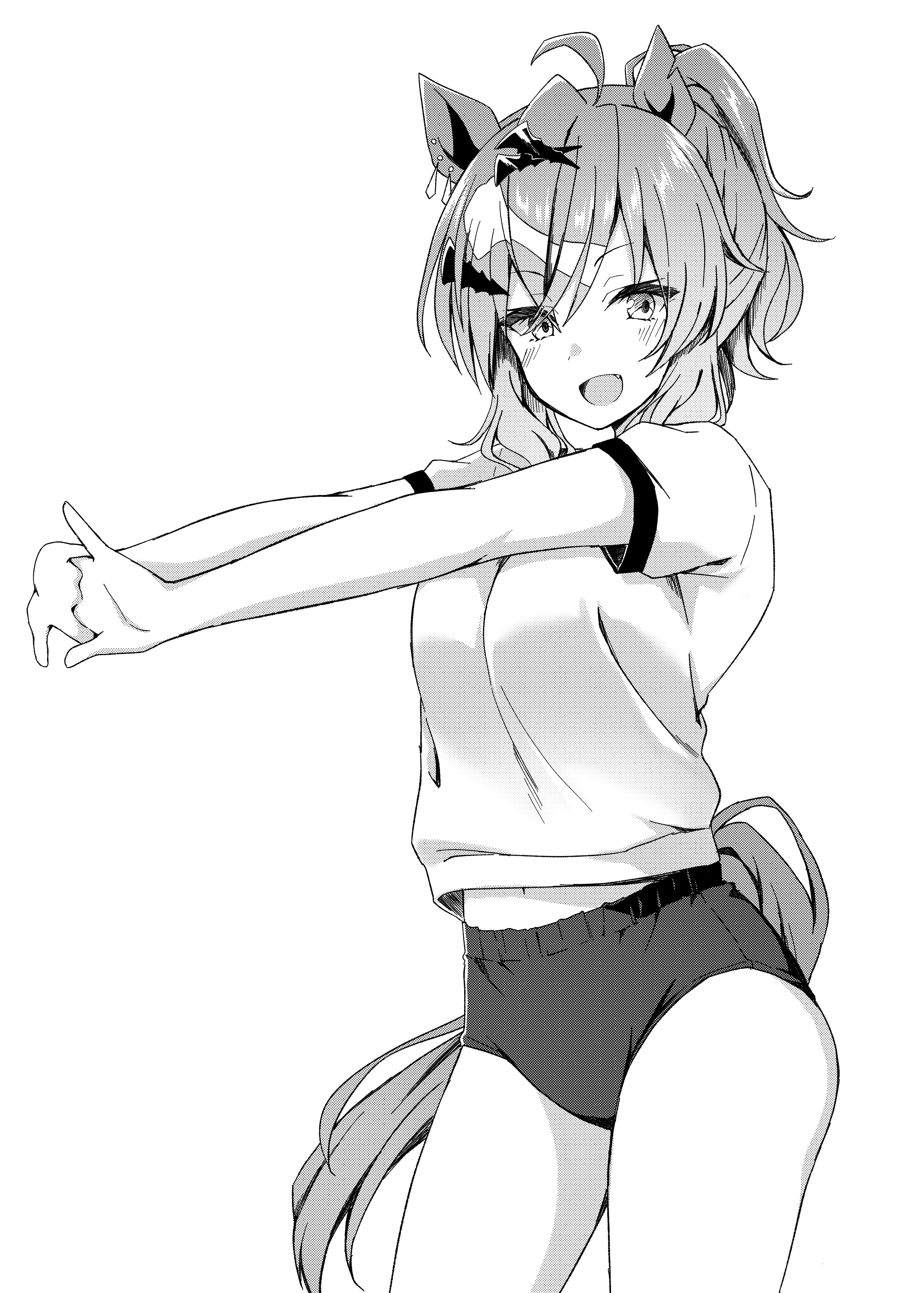 ryochapu, jungle pocket (umamusume), umamusume, absurdres, highres, 1girl, animal ears, blush, buruma, fang, greyscale, hair between eyes, horse ears, horse girl, horse tail, interlocked fingers, looking at viewer, monochrome, open mouth, ponytail, shirt, short sleeves, sidelocks, solo, stretching, t-shirt, tail