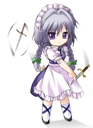katami shinta, izayoi sakuya, touhou, lowres, 1girl, braid, chibi, female focus, knife, short hair, solo, throwing knife, twin braids, weapon, white hair