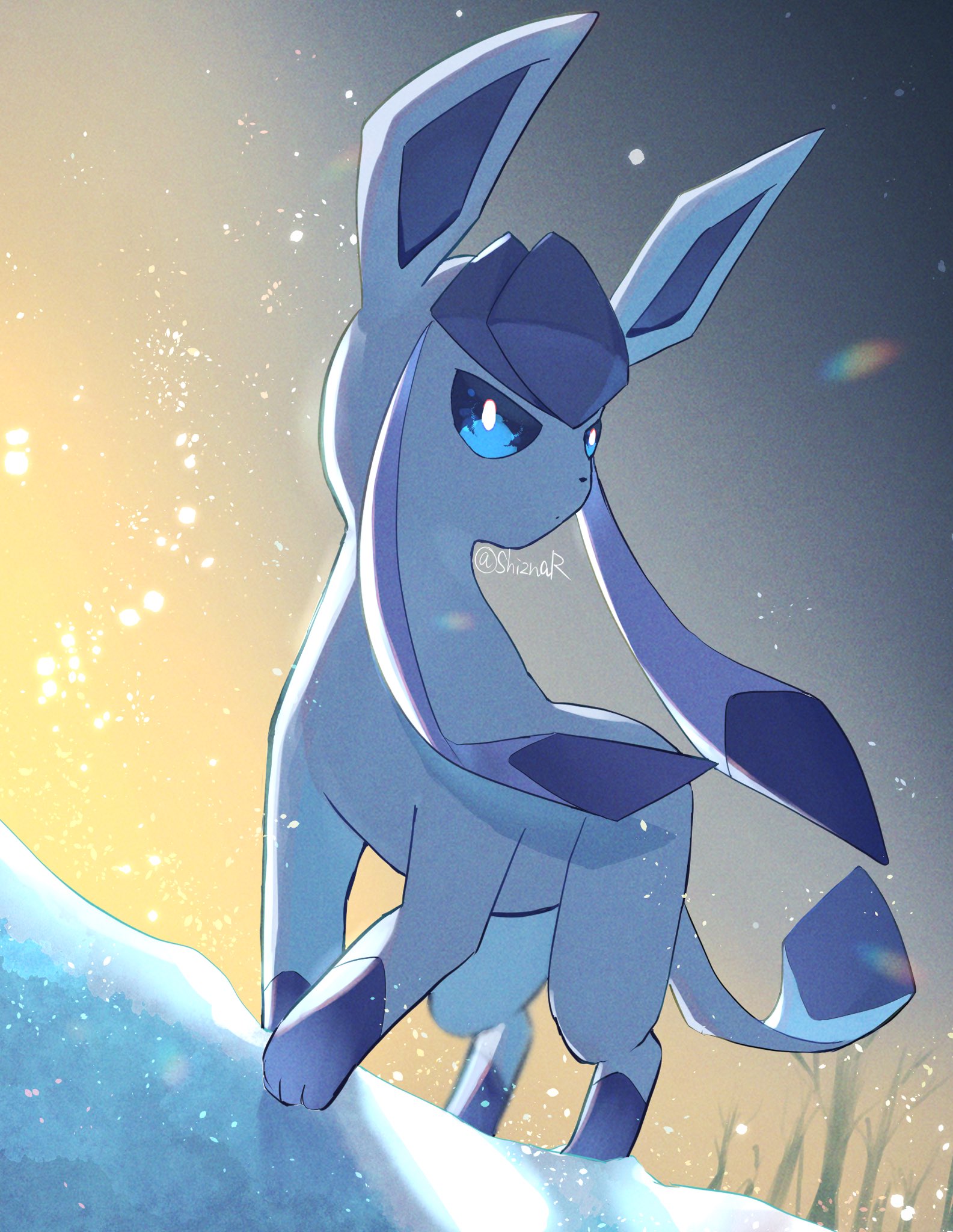 shiznar, glaceon, nintendo, pokemon, commentary, english commentary, highres, animal focus, bare tree, blue eyes, gen 4 pokemon, no humans, outdoors, pokemon (creature), pokemon focus, shadow, snow, solo, sunset, tree, twitter username