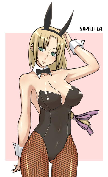 enoshima iki, sophitia alexandra, soul calibur, 1girl, animal ears, bare shoulders, breasts, character name, cleavage, fake animal ears, female focus, fishnet pantyhose, fishnets, large breasts, leotard, pantyhose, playboy bunny, rabbit ears, solo
