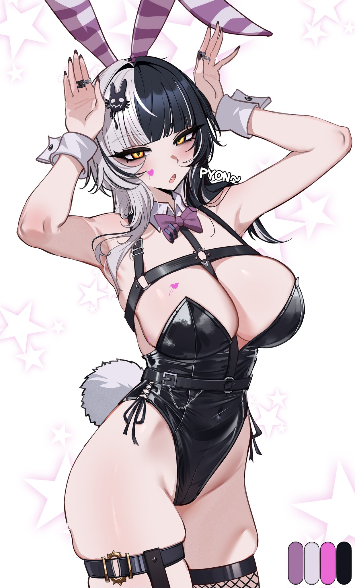 doujenrad, shiori novella, hololive, hololive english, highres, 1girl, alternate costume, animal ear hairband, animal ears, black hair, black leotard, black nails, bow, bowtie, breasts, character hair ornament, color guide, facial mark, fake animal ears, fake tail, hair ornament, hairband, heart, heart facial mark, highleg, highleg leotard, jewelry, large breasts, leotard, long hair, looking at viewer, multicolored hair, playboy bunny, purple bow, purple bowtie, rabbit ears, rabbit tail, ring, skindentation, solo, split-color hair, star (symbol), star symbol background, tail, two-tone hair, virtual youtuber, white background, white hair, wrist cuffs, yellow eyes