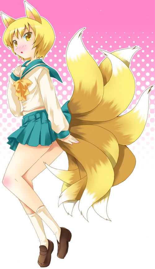 michii yuuki, yakumo ran, touhou, 1girl, alternate costume, animal ears, blonde hair, blue sailor collar, blue skirt, female focus, fox ears, fox tail, full body, loafers, long sleeves, looking at viewer, multiple tails, pleated skirt, sailor collar, school uniform, serafuku, shirt, shoes, short hair, skirt, solo, tail, white shirt
