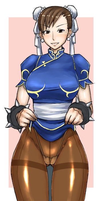 enoshima iki, chun-li, capcom, street fighter, 1girl, blush, bracelet, bun cover, china dress, chinese clothes, clothes lift, crotch seam, double bun, dress, female focus, hair bun, jewelry, panties, panties under pantyhose, pantyhose, pelvic curtain, shirt lift, smile, solo, spiked bracelet, spikes, thighband pantyhose, underwear