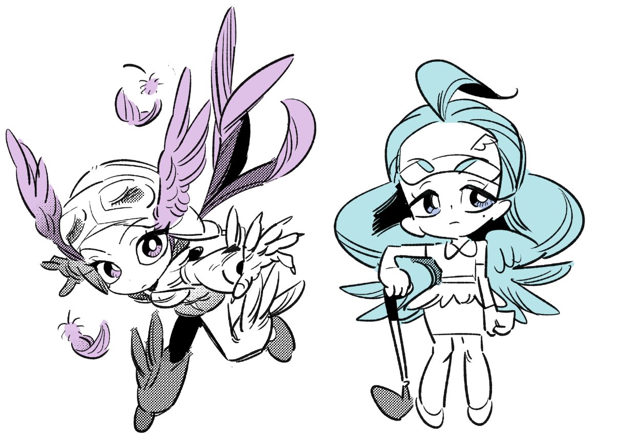 1brad, kahili (pokemon), winona (pokemon), nintendo, pokemon, pokemon oras, pokemon sm, 2girls, blue eyes, blue hair, chibi, chibi only, closed mouth, feathers, full body, goggles, goggles on head, golf club, long hair, looking at viewer, looking to the side, mole, mole under eye, multiple girls, purple eyes, purple hair, shirt, skirt, spot color, visor cap, white background
