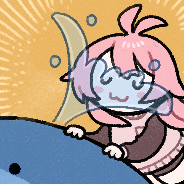 clipe, mumble (shachimu), original, 1girl, :3, antenna hair, brown sleeves, closed eyes, closed mouth, long hair, pink hair, pink sweater vest, solo, splashing, sweater vest, water, whale, yellow background