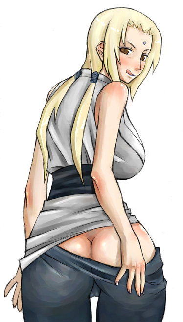 enoshima iki, tsunade (naruto), naruto (classic), naruto (series), 1girl, :p, :q, ass, back, blonde hair, blush, breasts, brown eyes, butt crack, clothes pull, facial mark, female focus, forehead, forehead mark, from behind, large breasts, long hair, looking back, mature female, pants, pants pull, pulling own clothes, solo, tongue, tongue out, twintails